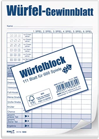 RNKVERLAG 5808 - Würfelspiel-Gewinnblatt, Block, DIN A6, FSC-Mix, 1 x 111 Blatt für 666 Spiele, 1 Stück