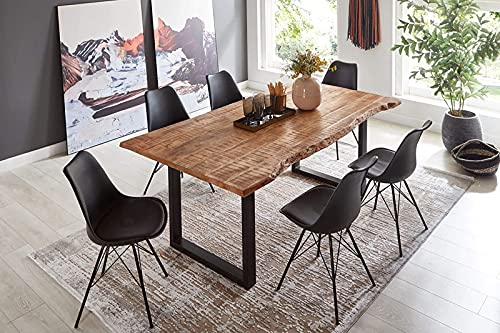 SAM 7tlg. Essgruppe Norina 200 x 100 cm, Mangoholz massiv, Baumkantentisch mit U-Metallgestell in Schwarz + 6X Schalenstuhl Lerche in Schwarz