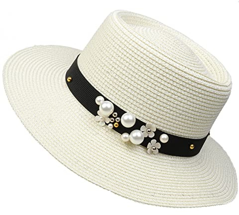 YiyiLai Panama Femme en Paille Chapeau de Soleil Ruban de Perles Plage Mariage Voyage Léger Beige