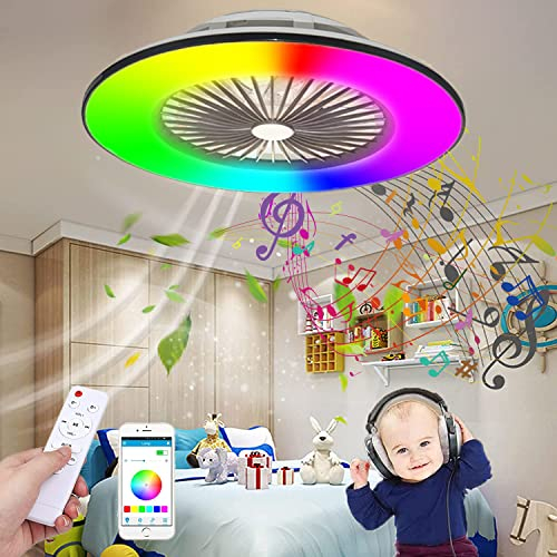 KZT LED Ceiling Fan with Lights and Remote Control RGB Music Ceiling Fan with Lamp and Bluetooth Speaker Dimmable Silent Invisible Ceiling Fan Chandelier for Living Room Bedroom Dining Room Lighting