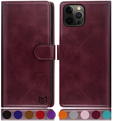 SUANPOT [RFID Schutz für iPhone 12/iPhone 12 Pro 6,1-Zoll Hülle PU Leder Handyhülle Lederhülle Klapphülle Kartenfach Flip Cover für Apple 12 Handy hülle Leather Wallet Phone Case Rotwein