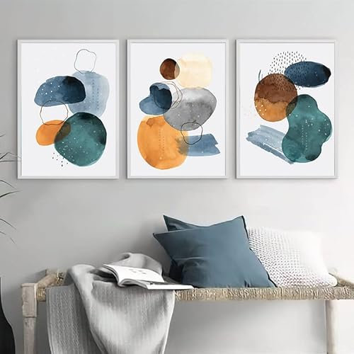 Bleu Vert Orange Murale Art Abstrait Géométrique Aquarelle Affiches Nordique Toile tableau Peinture Murale Tableaux Salon Decoration À La Maison 50x70cmx3 Sans Cadre