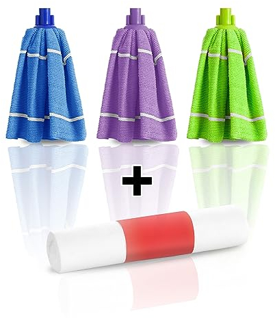 Lote de 3 recambios de Fregona de paño a Doble Cara 100% Microfibra + Regalo de un Rollo de bayeta. Absorbentes, Resistentes y Lavables. Cabezal o Casquillo Universal de plástico Anti ralladuras
