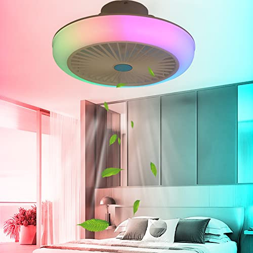 YUNZI LED RGB Bluetooth Bladeless Ceiling Fan Light with Speakers, Low Profile Colorful Ceiling Fan With The Change of Music Rhythm Summer & Winter Reversible-C