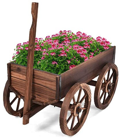GOPLUS Carretilla de Plantación de Madera para Exteriores, Soporte de Carrito de Jardín para Plantas con 4 Ruedas y Mango Largo, Jardinera Decorativa para Patio Trasero, Jardín, Terraza, Color Marrón