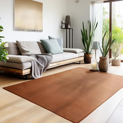 HomebyHome Kurzflor Teppich Wohnzimmer 140 x 200 cm Braun - Waschbarer Teppich für Schlafzimmer, Esszimmer und Ideal als Küchenteppich - Flauschiger Teppich Extra Weich, Einfarbig, rutschfest, Modern