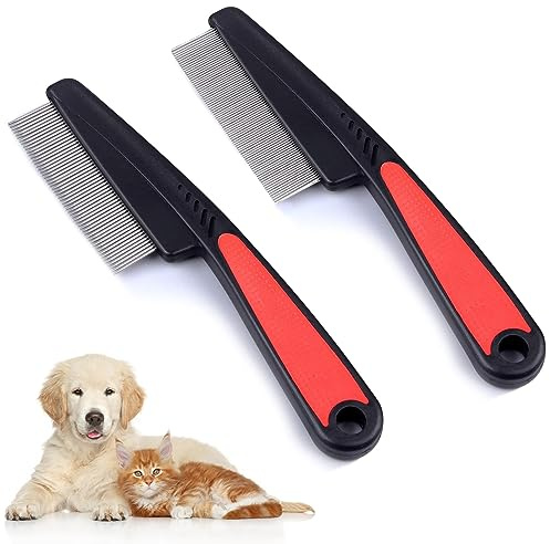 Monsully 2 Stück Flohkamm für Hunde Katzen, Haustier Staubkamm Profi Hund Katze Läusekamm Staubkamm Floh Kamm Groben & Feine Zähne Rostfreier Stahl Läusekamm