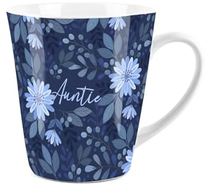 Auntie Gift Mug - Dark Blue Flowers Design Small Latte Mug - Ceramic White Tea/Coffee Present Gift