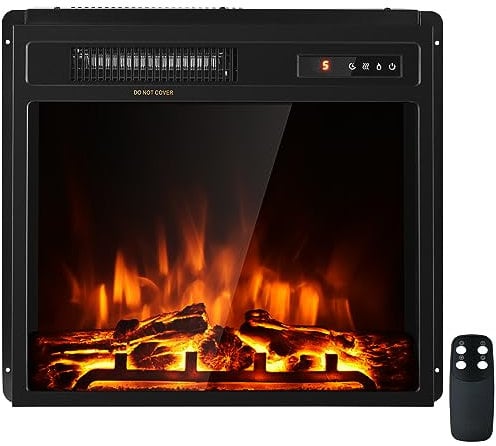COSTWAY 20”/50cm Electric Fireplace, Recessed Freestanding Fire Heater with 3 Flame Color, 5 Brightness, Adjustable Thermostat, Remote Control & Overheat Protection (20”, 750W/1500W, with Logs)