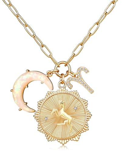 MISS RIGHT Gold Zodiac Aries Sign Coin Necklace with Opal Crescent Moon Charm for Women Trendy, Dainty Gold Paperclip Chain 12 Constellation Horoscope Necklaces Astrology Jewelry Gifts
