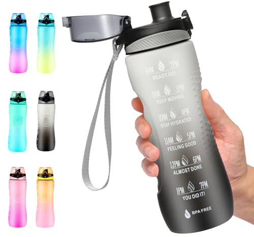 Binudum Trinkflasche Motivations Wasserflasche mit Zeitmarkierung, Sport Tritan BPA freie auslaufsichere Wasserflasche für Jugendliche, Erwachsene, Fitnessstudio (Grau Schwarz, 25oz/750ml)
