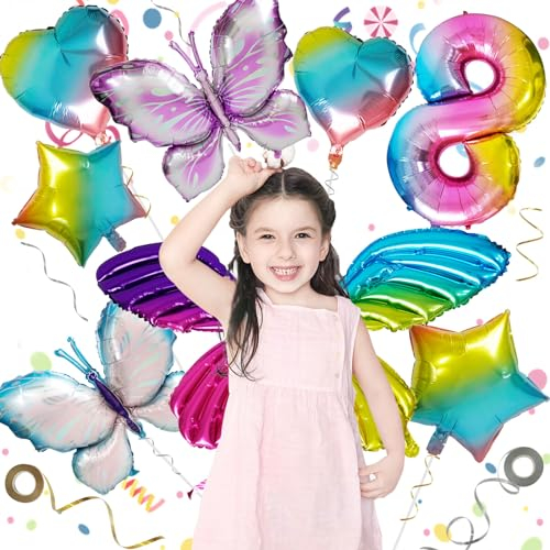 VINEST 10 Stück Geburtstagsdeko Mädchen 8 Jahre mit Flügel Ballons, Schmetterling Luftballons Geburtstag mit Zahlen Luftballon 8, Folienballon mit Tragbaren Flügeln, Geburtstag Mädchen Deko (8 Jahre)