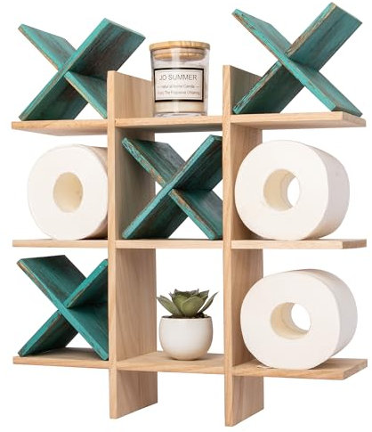 GENMOUS Handgefertigter Toilettenpapierhalter mit Tic Tac Toe, Ständer mit 4 x Holz-X, lustige Wandmontage, Toilettenpapieraufbewahrung mit Ablage, Bauernhaus-Toilettenpapierrollen-Aufbewahrung für