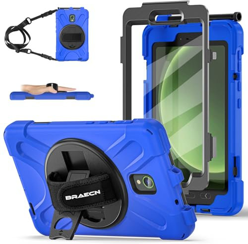 BRAECN Custodia per Galaxy Tab Active 5/Active 3 8 Pollici, Antiurto Robusto Cover con Integrato Pellicola Prottetiva, Supporto Girevole a 360° e Cinturino a Mano, Portapenne, Tracolla Portatile, Blu