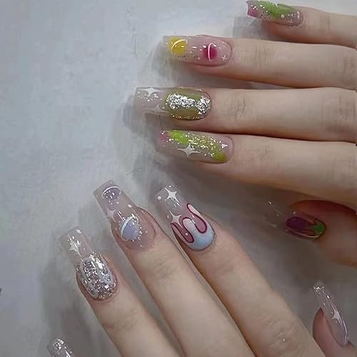 Mgmxbsth 24Pcs French False Nails Square Medium, Cute Colorful Press on Nails with universe Designs, Colorful Fake Nails Acrylic Full Cover Stick Nails for Women Girls (Multicolor Space Silver Foil)