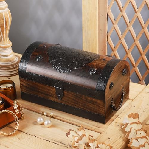Ajuny Coffre au Trésor Pirate en Bois Fabriqué à la Main - Coffret de Rangement Vintage pour Souvenirs et Décorations Bandes de Coquillages Organisateur Bijoux Intérieur Cadeau - 11 x 6 pouces