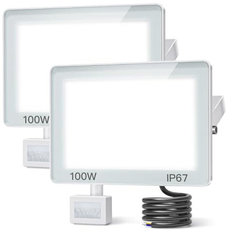 ANNIFUNLY 2PC Focos LED Exterior con Sensor Movimiento, 100W 10000LM Foco Proyector LED para Exterior, 6500K Blanco Frío Floodlight IP67 Impermeable Iluminación para Jardín, Garaje, Patio