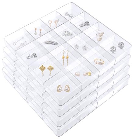 4 bandejas organizadoras de joyas apilables, caja de almacenamiento de plástico con 16 rejillas, bandeja organizadora transparente para cajón, tocador, tocador, caja de almacenamiento de joyas para