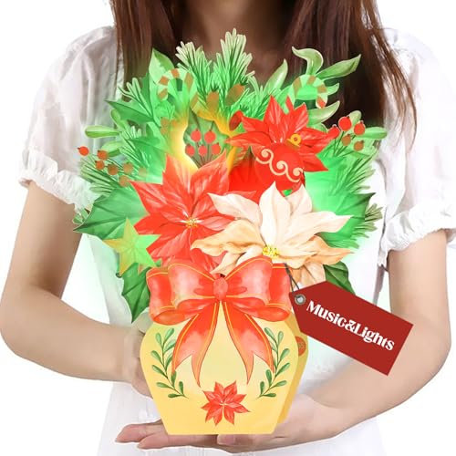 Weihnachtskarte, Weihnachtskarte mit Musik Lichter für Mädchen, Frauen, Pop-up Papier Blumenstrauß Weihnacht Karte für Kinder, Mädchen, Junge, Frau, Tochter, Enkelin, Mama