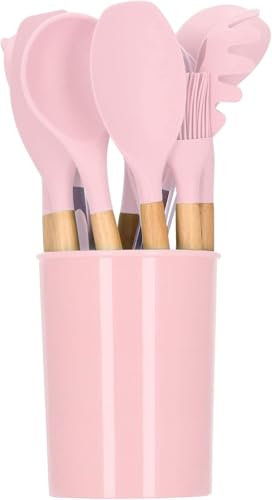 MF artSHOP Mestoli Da Cucina In Silicone, Set 12 Pezzi, Utensili Per Cucinare, Antiaderenti, Manico in Legno Appendibili Resistenti al Calore (Rosa)