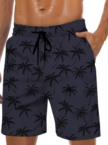 Costume da bagno da uomo hawaiano fodera in rete costume da bagno pantaloncini da spiaggia con tasche, Grigio-palma, Medium