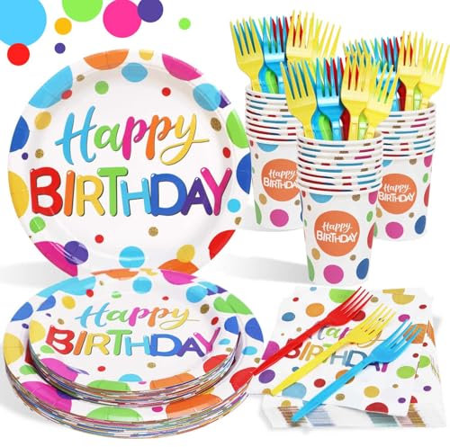 Heboland Pappteller Kindergeburtstag bunt Polka Dot Design Partygeschirr Set Geburtstag 125pcs Pappteller Pappbecher Servietten für Erwachsene Jungen Mädchen Geburtstagsdeko, 25 Gäste