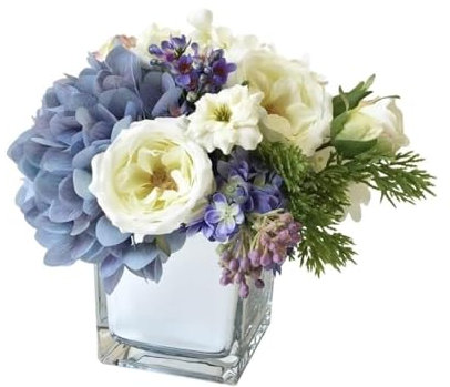 Flores artificiales Juego de flores de seda con jarrón de cristal, elegante arreglo de flores artificiales para el hogar, sala de estar, mesa de comedor, decoración falsa para cualquier ocasión