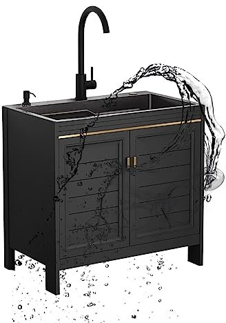Outdoor Sink Set,Catering Sink Stainless Steel Freestanding Sink Black Kitchen Sink with Drainer Unit and Cold and Hot Water Pipe Faucet and Storage Shelves for Laundry Garage Indoor Outdoor