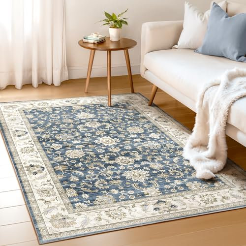 WITSHOCK Teppiche Wohnzimmer 90x160 cm: Vintage Boho Teppiche Schlafzimmer - Waschbarer Kurzflor-Teppich mit Rutschfester Unterseite für Esszimmer & Spielteppich inder (Blau)