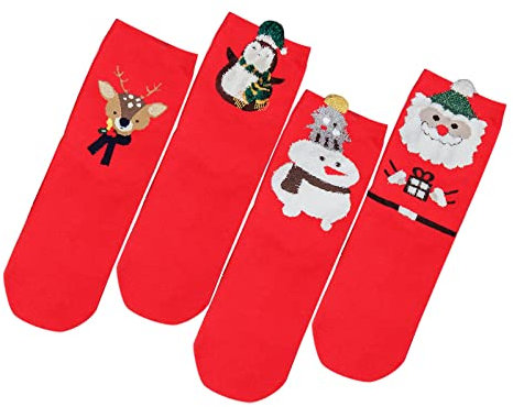 Weihnachtssocken, Weihnachtsbaum, Schneeflocke, Schneemann, Schleife, Baumwolle, bunte Muster, Weihnachtssocken, Kleid, Socken, niedliches Design, Socken für Männer und Frauen, 4 Paar Socken,