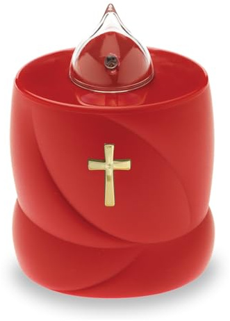 AROBA 4x LED Grabkerze Trauerlicht - Flackereffekt wie echte Kerze - lange Brenndauer bis 200 Tage - wiederverwendbar Friedhofskerze Gedenkkerze Dauerkerze - rot Heiliges Kreuz