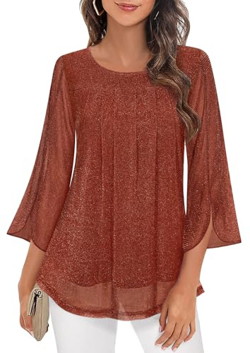 Gemulate Evening Tops for Women UK Layered Top Women's 3/4 Sleeve Tunic Tops Casual Loose Fit Floral Blouses Mesh Pleated Layered Shirt Sparkly Caramel S