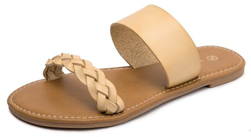 HEVA Geflochtene Slide-Sandalen für Frauen Offene Zehe Zwei Band Slip On Flache Sandalen Lässige Sommer sandalen(7UK 41EU,Beige)