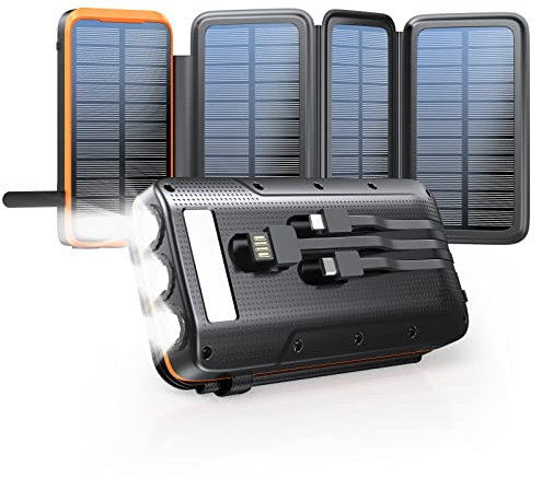 Batterie Externe Solaire 27000 mAh - Chargeur Solaire avec 3 câbles QC4.0-22,5 W - USB C 20 W - Fonction de Charge Rapide - avec 4 Panneaux solaires et 3 Lampes de Poche LED - pour Smartphones