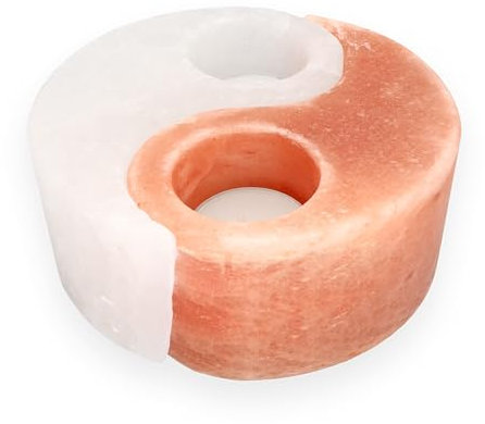 Lebensquelle Plus Salzkristall Teelichthalter Yin Yang | Orange und Weiß Stimmungslicht 1300 g | Salz Teelicht Kristallsalz aus Punjab/Pakistan nahe Himalaya