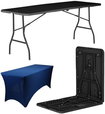 Harbour Housewares Klappbarer Camping-Picknicktisch mit Passender Tischdecke - 180cm (6ft) - Schwarz/Blau - 1x Faltbar Tragbar Plastik Draußen Garten Essen Party Anzeige Möbel