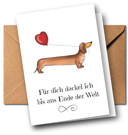 Lustige Karte zum Hochzeitstag oder Jahrestag für Freundin, Freund, Ehefrau oder Ehemann – romantische Liebeskarte mit Dackel & Herz – Geschenk für Partner, Paare und Dackelliebhaber (Dackel Ballon)