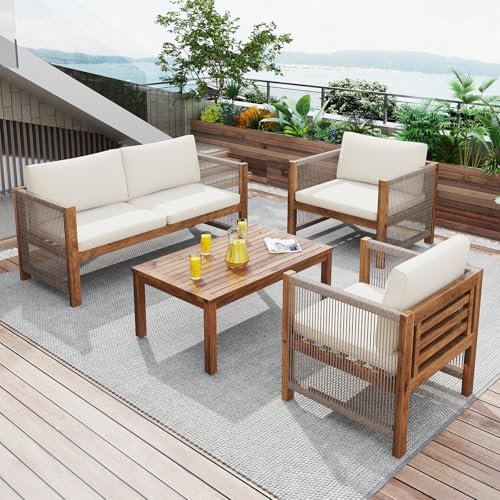 VICONELISE Loungeset, Gartenmöbel Set, mit bequemem Kissen, Sitzgruppe, Sitzgarnitur Terassenmöbel, Doppelsofa, 2 Sessel und Tisch, Outdoor, Tisch und Stühle, Rattenoptik, Akazie,Beige