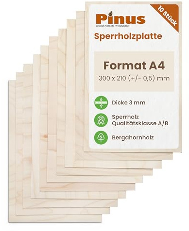 Pinus Sperrholzplatte A4 3mm 3 Stück 300x210 mm Bergahorn | 3 mm Stärke, Multiplex, B/B Qualität, glatt geschliffen, für Laser CNC Pyrographie Modellbau Dekor