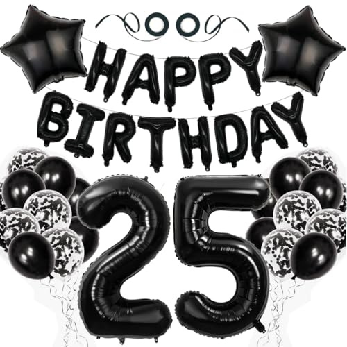 Anlgdi Luftballons 25. Geburtstag Dekoration Set, Geburtstagsdeko 25 Jahre Frauen Männer, Folienballon Zahl 25 Schwarz, Ballons Happy 25th Birthday Mann Deko, Folienballon 25 Geburtstag Dekoration