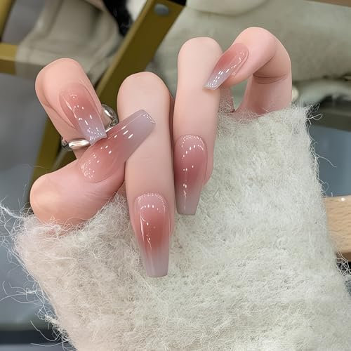 Long False Nails French Tip,24PCS Nude Rose Gradient False Nails,Acrylic Full Cover Fake Nails with Jelly Glue for Women Girls (Light Purple, Red,Gradient, One Size)
