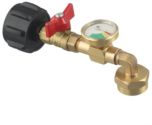 Safe Propane Refill Adapter, Brass Propane Refill Adapter with Gauge and Switch Valve, Solid Brass QCC-1 Filler for 1 lb Cylinders from 20 lb Source, Safe Gas Transfer Device for Camping Outdoor Use