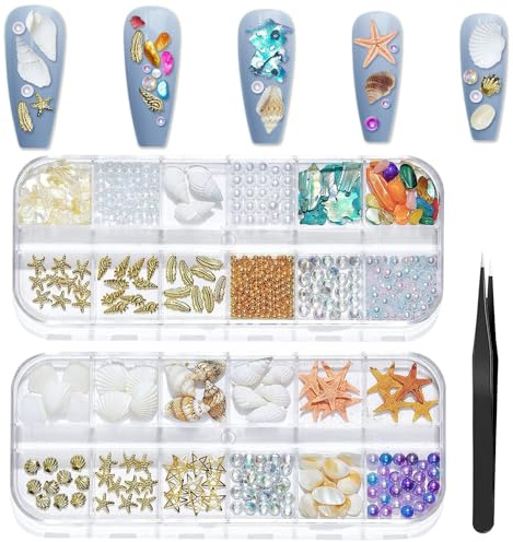 Decoración de Uñas con Temática Oceánica, 2 Cajas Piedras para Uñas Decoracion, 24 Estilos Perlas para Uñas de Conchas Marinas, Cristales para Uñas Estrella de Mar para Uñas Artesanía (A)