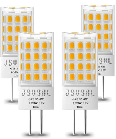 JSVSAL GY6.35/G6.35 LED Bulb Dimmable, T4 JC Type Bi-pin Base,AC/DC 12V Warm White 2700K,6W Equivalent to 50-65W G6.35/GY6.35 Halogen/Xenon/Incandescent Replacement Bulb,4-Pack