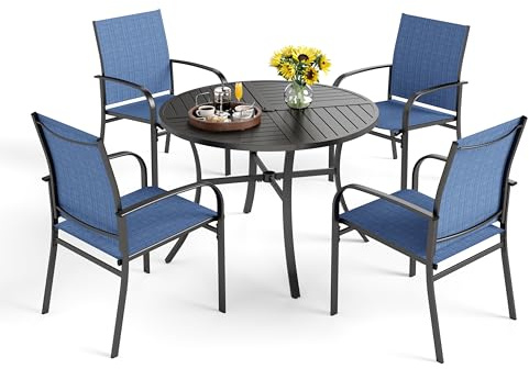 PHI VILLA Gartenmöbel Set 4 Blau Stühle mit Runder Tisch Sitzgruppe Outdoor | 4 Textilene-Stühlen, Rostgeschütztem Stahlrahmen, Tisch mit 4-4.8cm Schirmloch, Terrassenmöbel Wetterfest