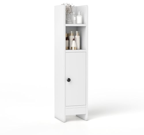 COSTWAY Toilettenschrank, Badschrank schmal, Badezimmerschrank mit 2 offenen Fächern, Badregal Holz mit 2 abnehmbaren Ablagen, Aufbewahrungsschrank 20 x 18 x 80 cm (Weiß)