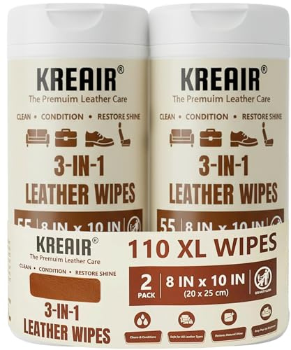 Kreair 3in1 Leather Cleaning Wipes 110 Count, Clean, Condition & Restore Shine, XL 8x10 Extra-Large Wipes for Car Seats, Shoes, Furniture & Bags, For All Types of Leather, Non-Linting, Easy-Pull Lid