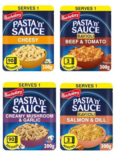 Batchelors Pasta 'n' Sauce Variety Pack, Cheesy, Beef & Tomato Ravioli, Creamy Mushroom & Garlic, Salmon & Dill