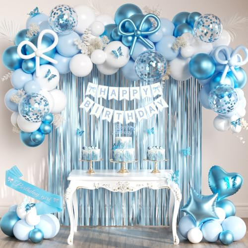 Geburtstagsdeko, Blau Weiß mit Schleifen Deko Geburtstag, Happy Birthday Banner, Luftballons, Schärpe, Vorhang - Premium Wiederverwendbare Geburtstagsdeko Party Supplies