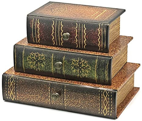 Bellaa 21093 Decorative Book Box with Drawers Hidden Storage Trinket Vintage Antique Flux Leather Wooden Boxes Organizer Retro Farmhouse Boho Home Decor 8 by 6 Inches